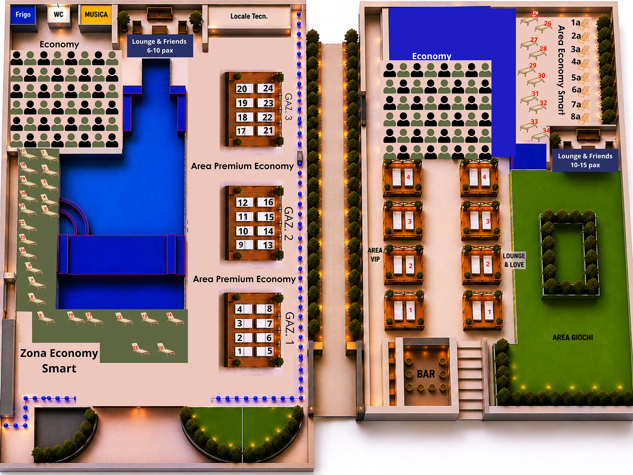 Mappa delle zone della Piscina Castello di Perano — layout aree Economy, Premium Economy, Lounge, VIP, Bar, Area Giochi